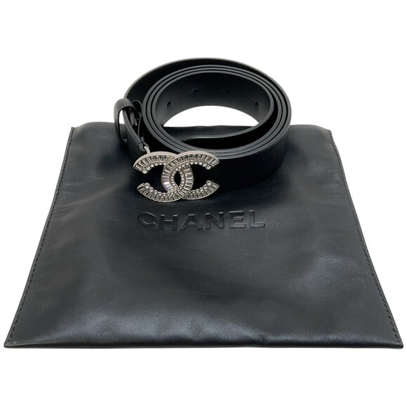 Chanel Black Leather Belt with Strass CC Logo Buckle - Picture 1 of 6